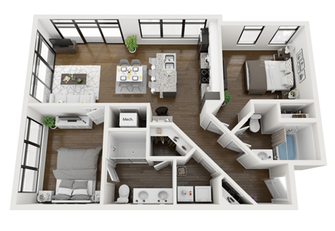 this is a 3d floor plan of a 824 square foot 1 bedroom apartment at the